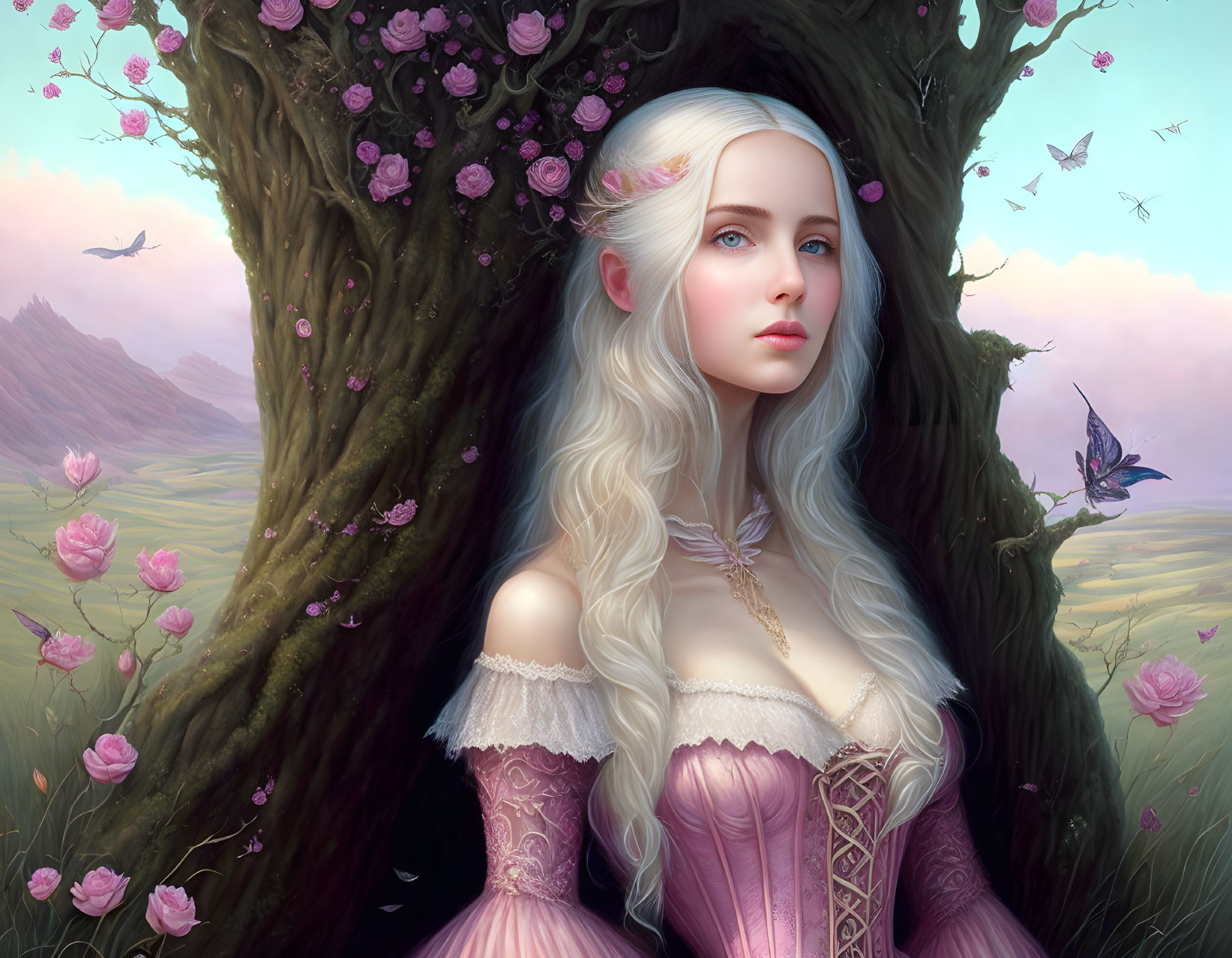 Ethereal woman with long white hair in pink dress near blossoming tree in serene meadow