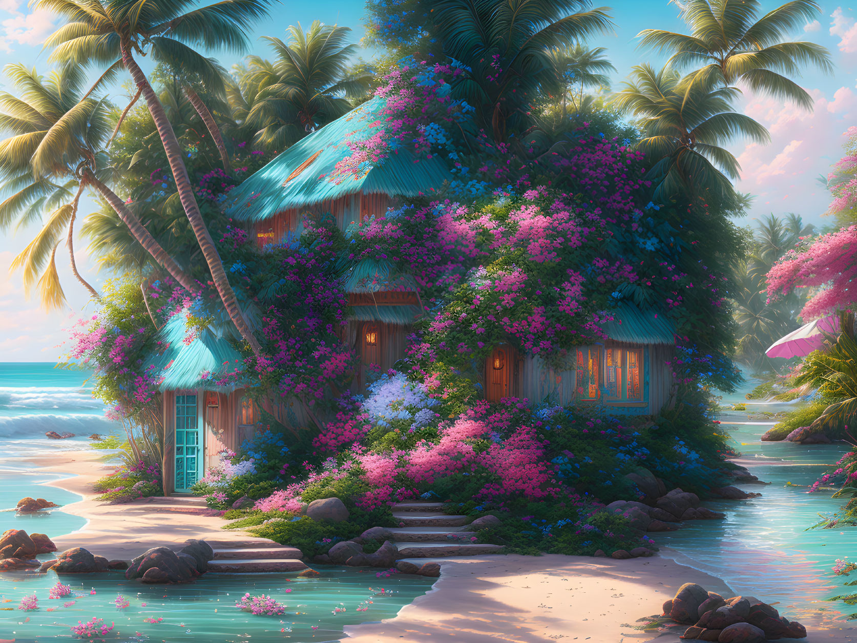 Tropical beach scene with thatched hut, palm trees, and vibrant flowers