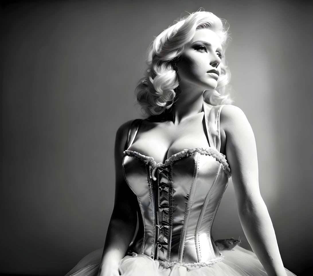 Monochrome photo: Woman with Hollywood curls in corset gazes up