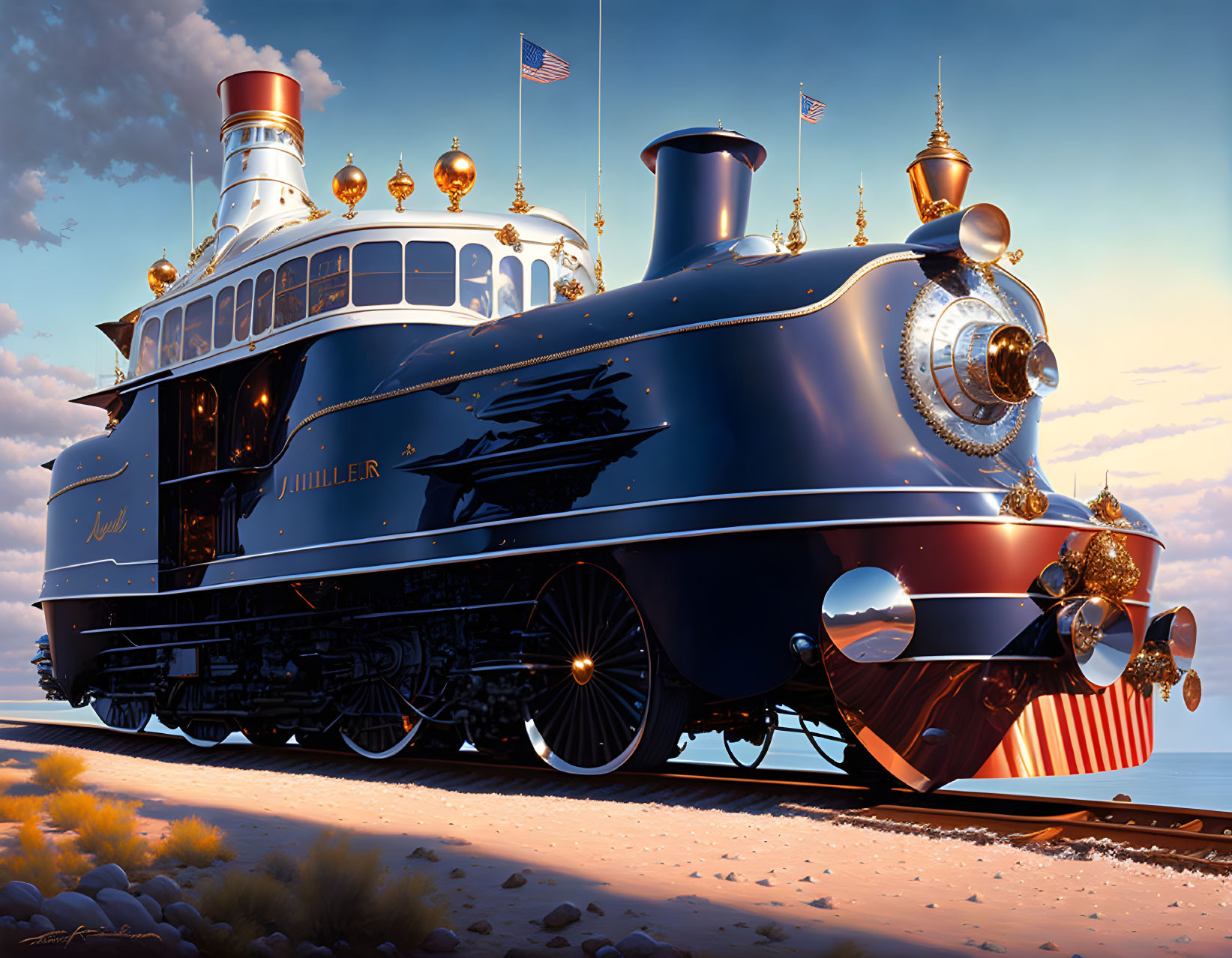 Stylized ornate train with golden accents and "J. Miller" name on desert track