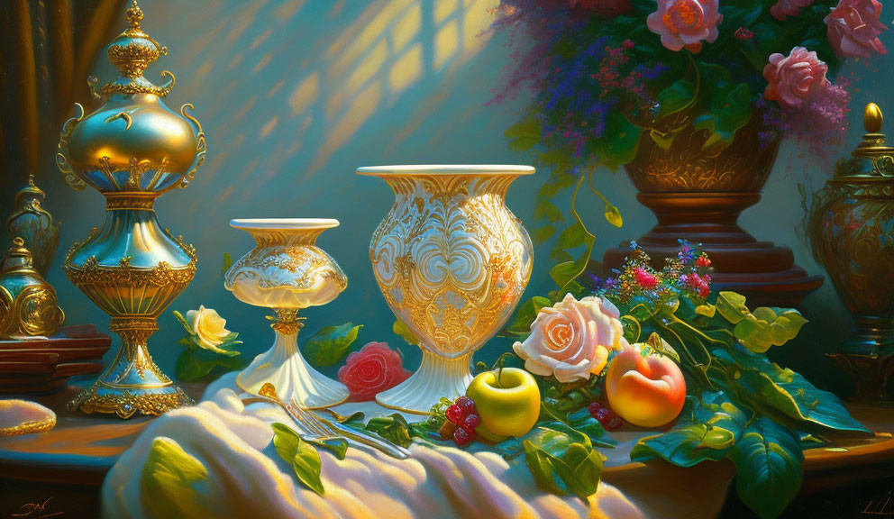 Golden vase, candlestick, teapot, flowers, apples, and fabric in warm light