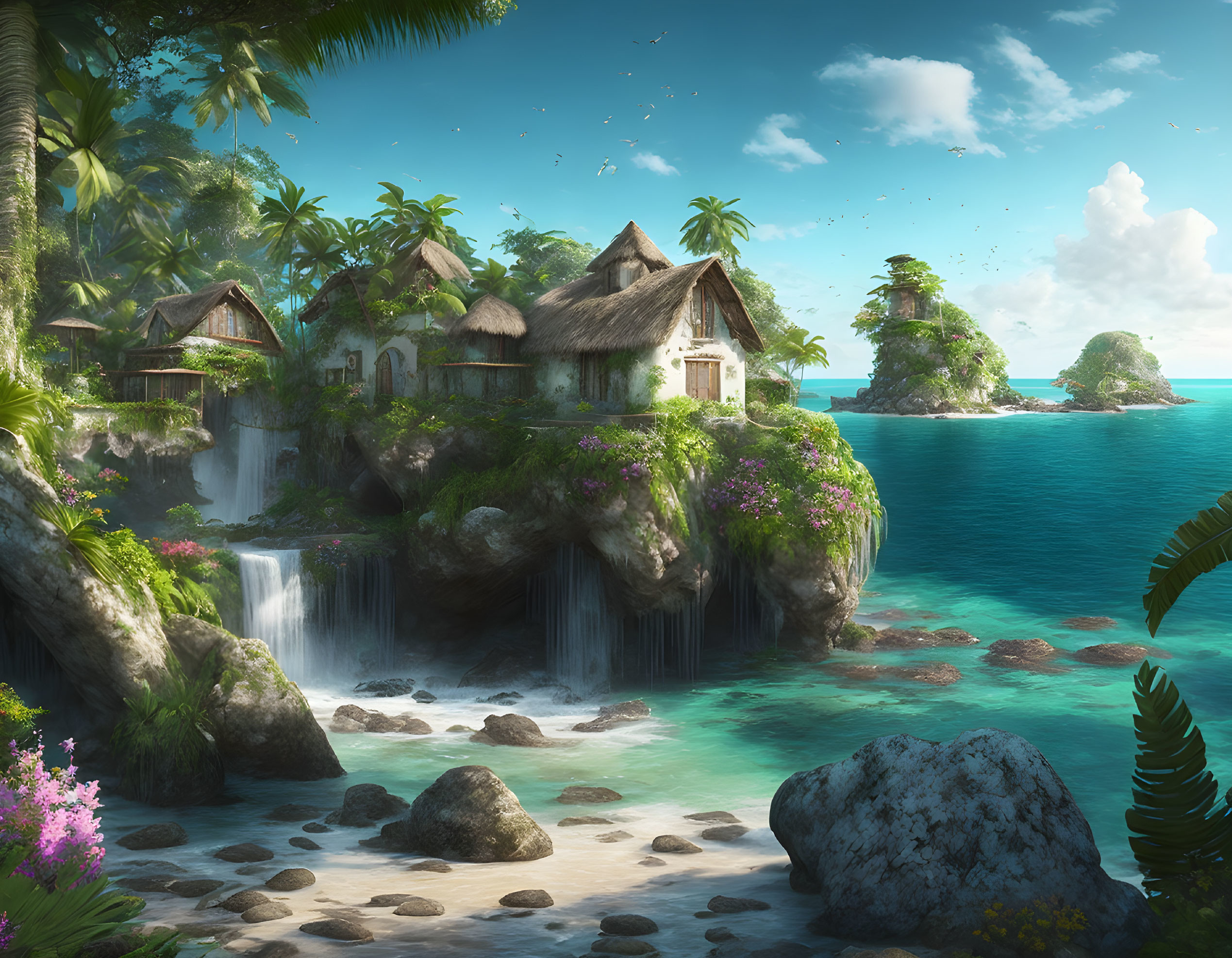 Tropical paradise with thatched huts, waterfalls, beaches, and ocean