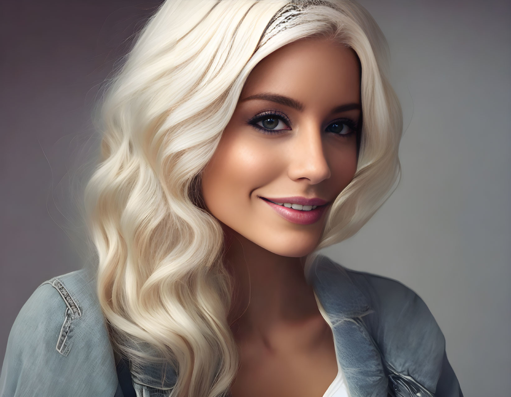 Blonde woman in denim jacket with headband on neutral background