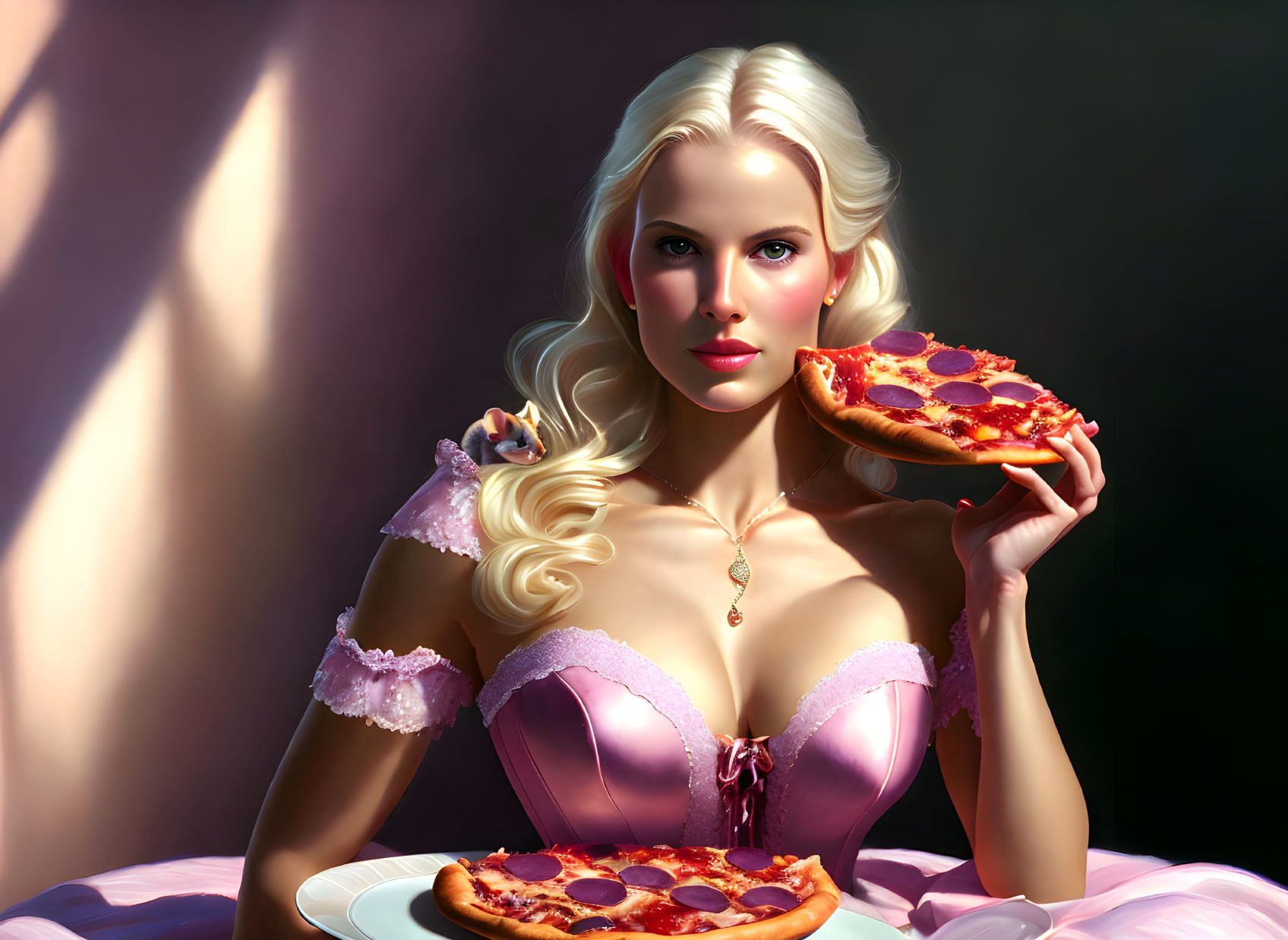 Blonde woman in purple dress with pizza slice under dramatic lighting