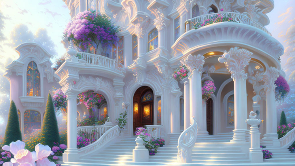 Fantasy mansion with purple flowers and white columns at sunset