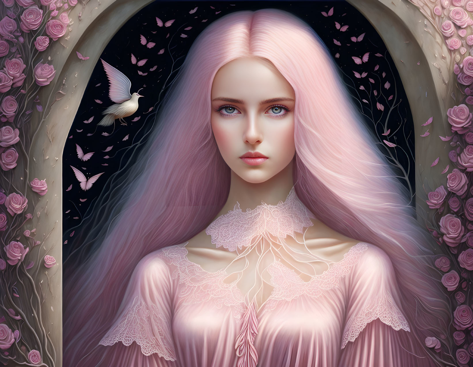 Digital Artwork of Woman with Pink Hair, Blue Eyes, Roses, and Dove