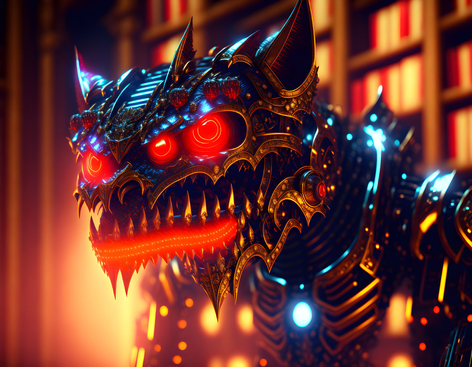 Mechanical Dragon Head with Glowing Red Eyes in Futuristic Setting