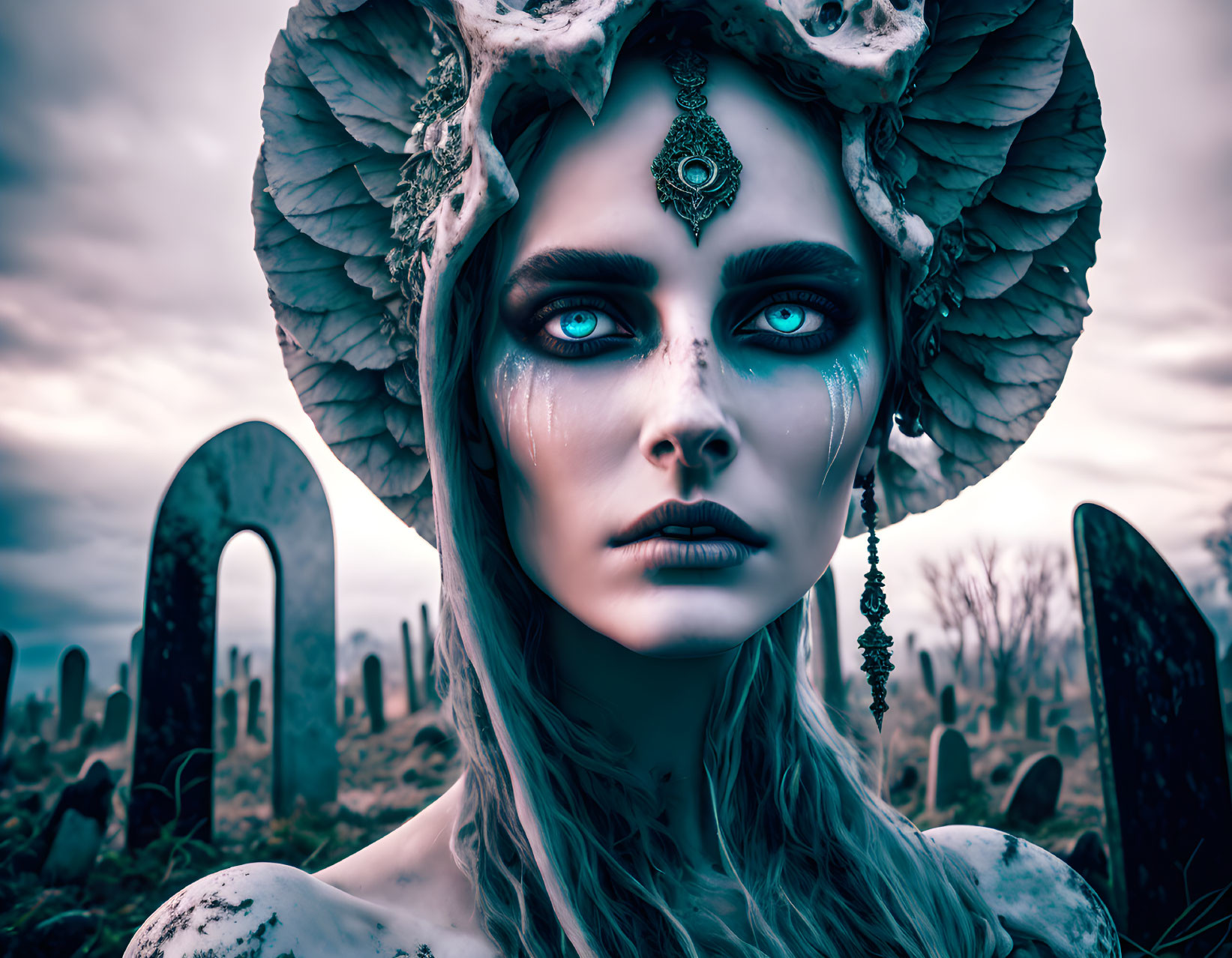 Person with Striking Blue Makeup in Moody Graveyard Scene