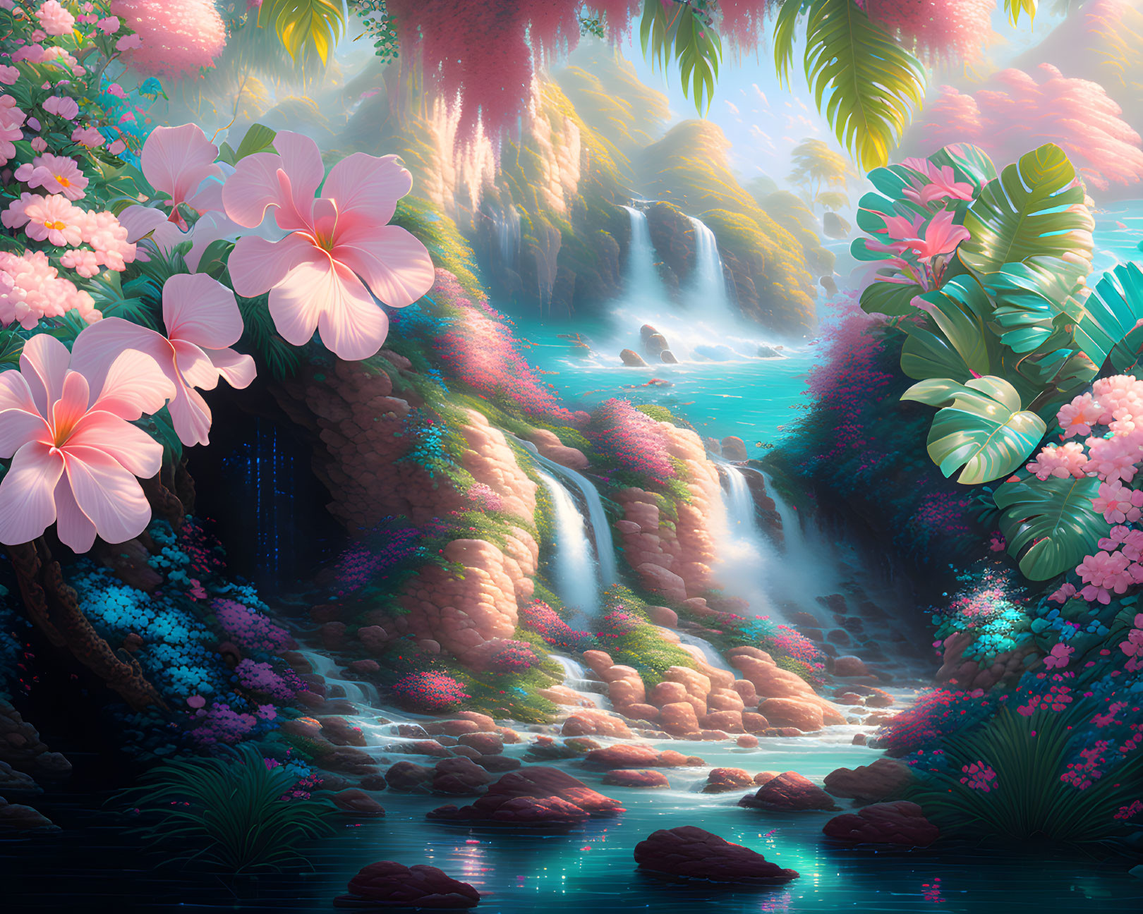 Fantastical landscape with pink flowers, waterfalls, and blue lagoon