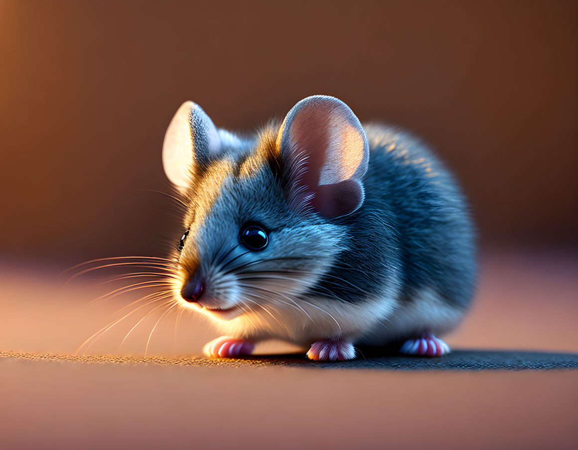 Translucent-eared furry mouse in warm light