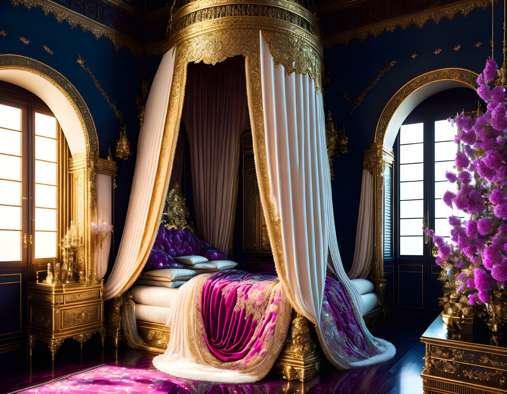 Luxurious Bedroom with Large Canopy Bed and Purple Decor