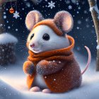 Illustration of mouse in orange scarf in snowfall with red ornament.