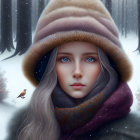 Young woman in winter attire surrounded by snowy forest and flowers