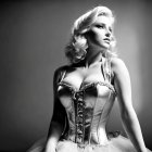 Monochrome photo: Woman with Hollywood curls in corset gazes up