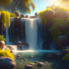 Tranquil waterfall in lush greenery with sunlight filtering through trees.