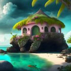 Pink Thatched Roof House on Rocky Outcrop by Palm Trees