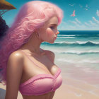 Digital artwork of woman with pink hair on beach with seagulls and crashing waves