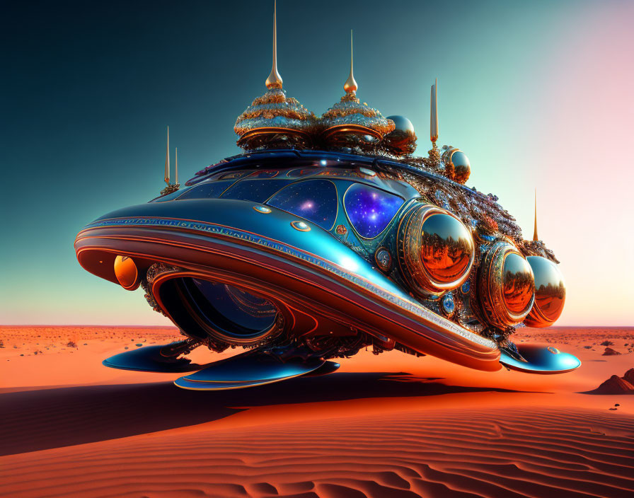 Futuristic spaceship with intricate designs above red desert landscape