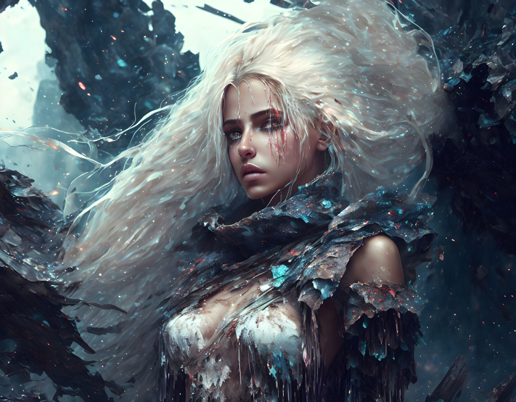 White-haired woman in fur cloak amidst floating rocks and snow.