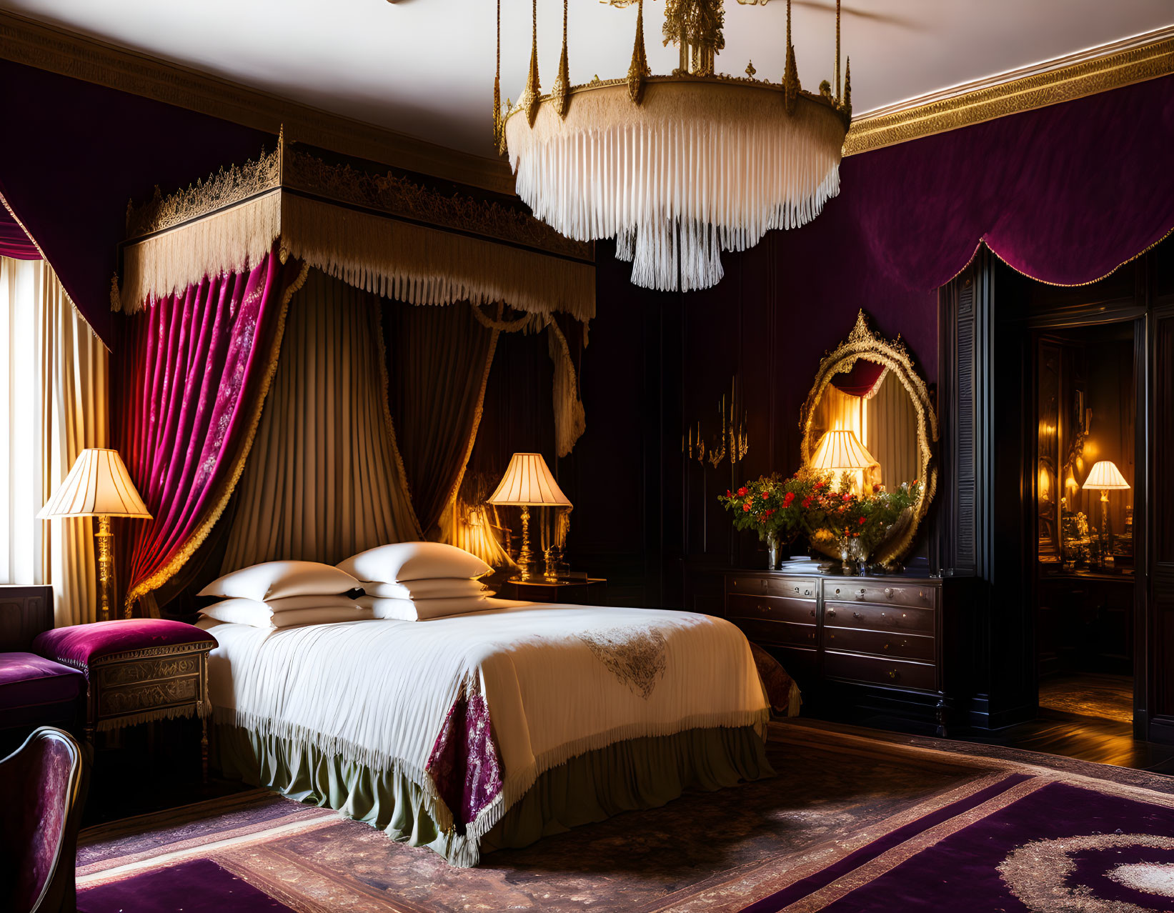 Luxurious Bedroom with Canopy Bed, Chandelier, Red Curtains, Mirror & Floral Decor