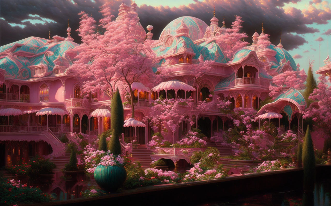 Fantastical palace with pink cherry blossoms and turquoise domes