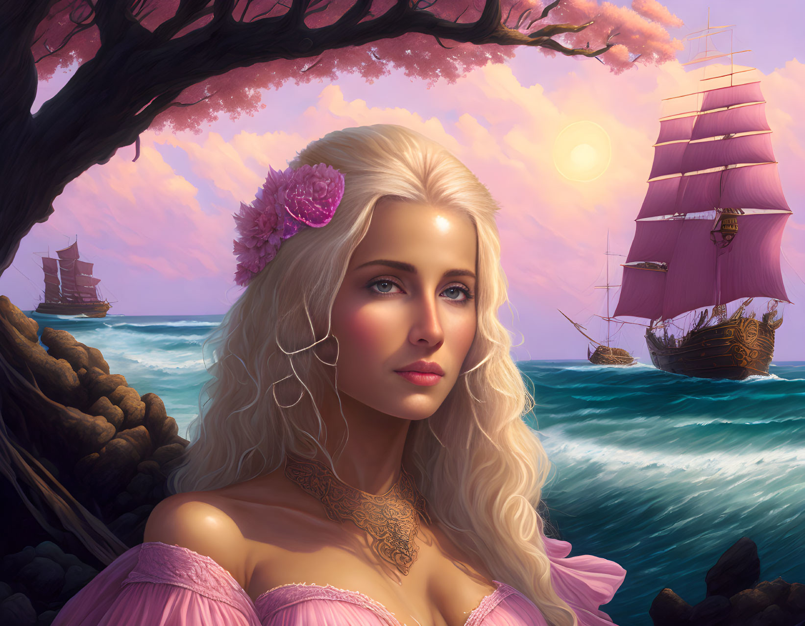 Woman in pink dress with flowing hair under pink blossoming tree by ocean sunset