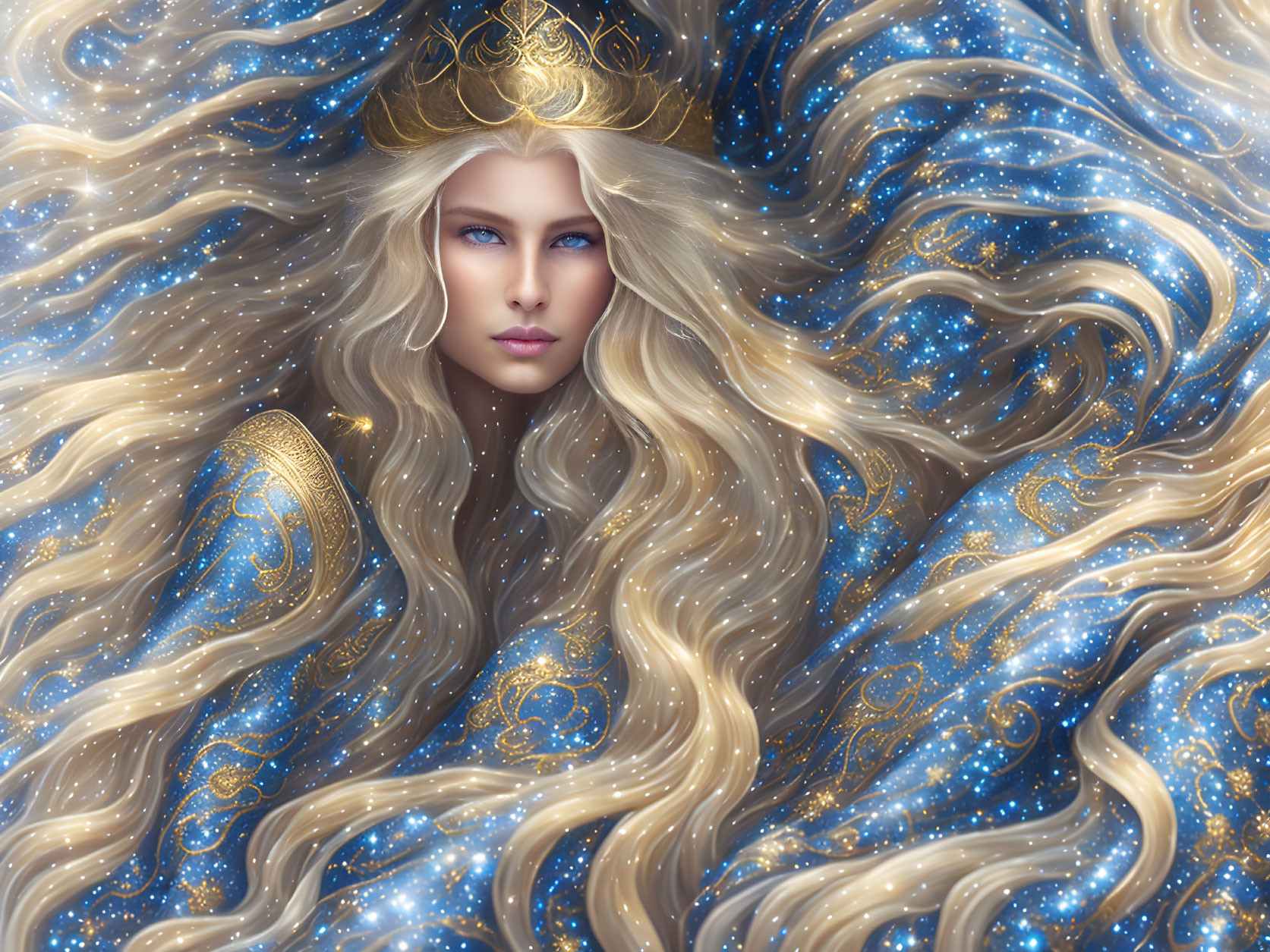 Fantasy illustration of a woman with blonde hair, stars, golden crown, and blue robes