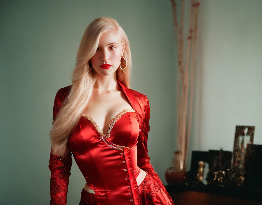 Blonde woman in red lace dress with corset in vintage setting