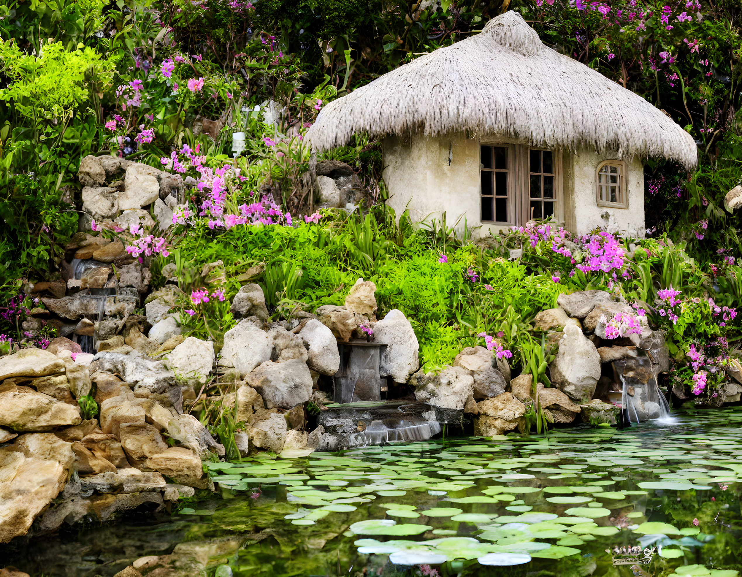 Miniature Thatched Cottage by Pond with Lily Pads and Pink Flowers