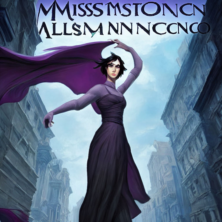 Digital artwork: Dark-haired woman in purple dress and cloak, standing in gothic cityscape