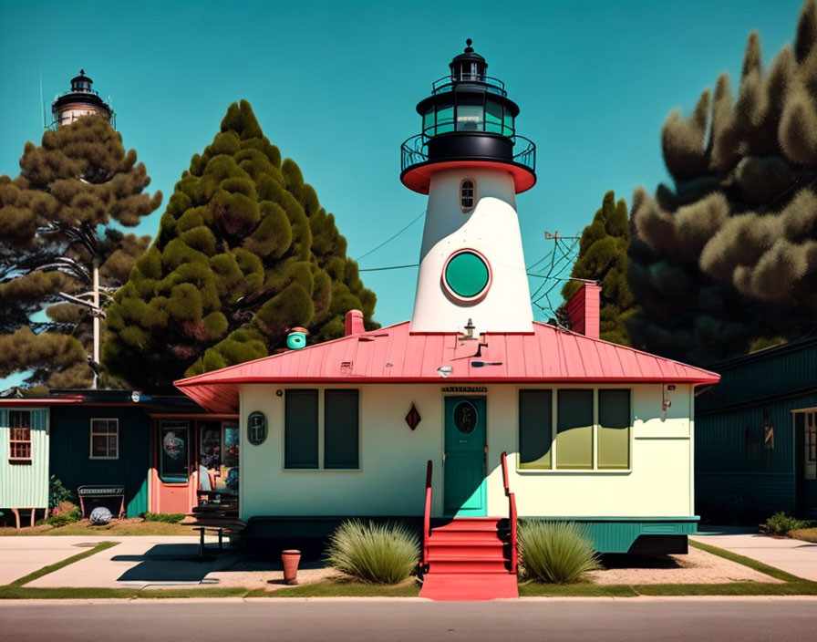 Quaint building with lighthouse features and vibrant surroundings