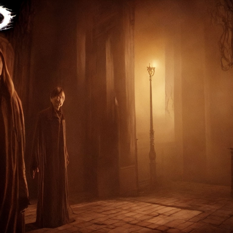 Mysterious figure in cloak in dimly lit hallway