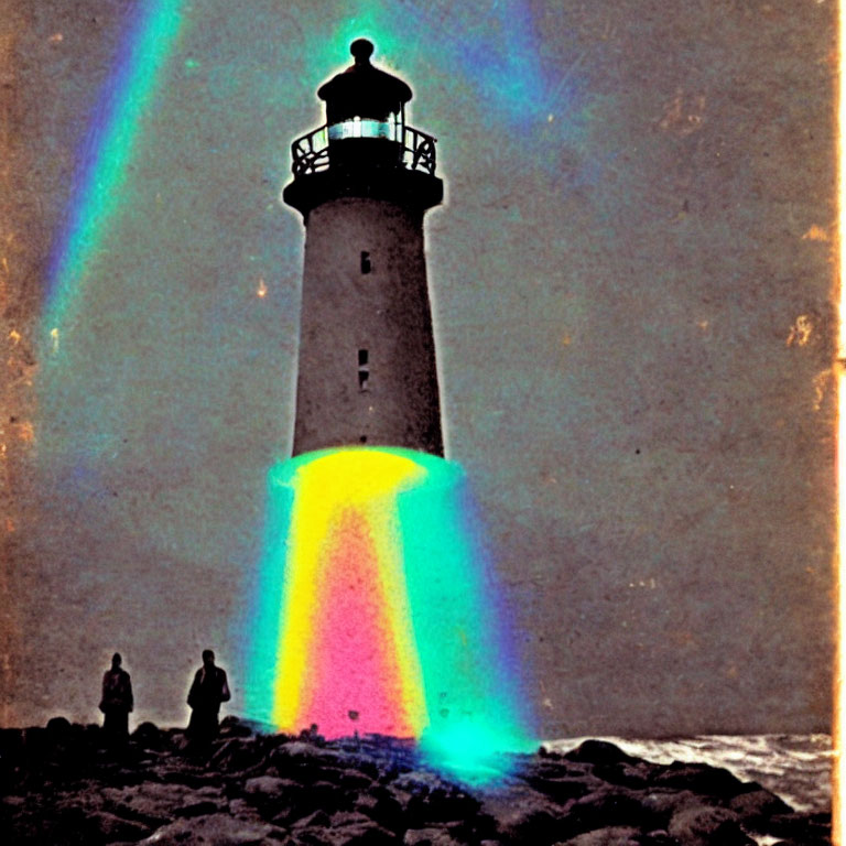 Vintage photo: Lighthouse with rainbow and people on rocky shore