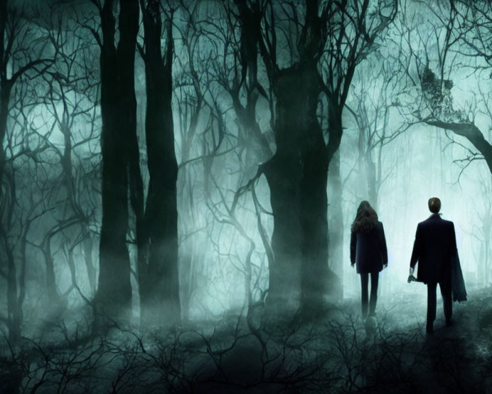 Silhouetted figures walking in misty, eerie forest with bare trees