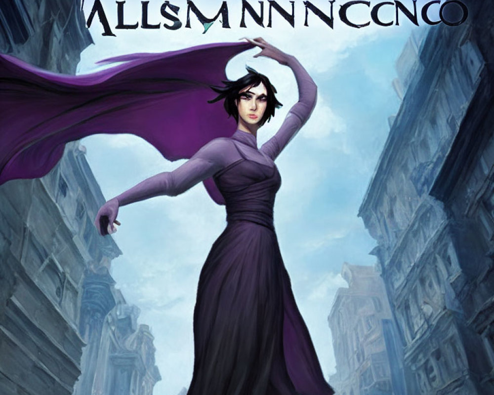 Digital artwork: Dark-haired woman in purple dress and cloak, standing in gothic cityscape