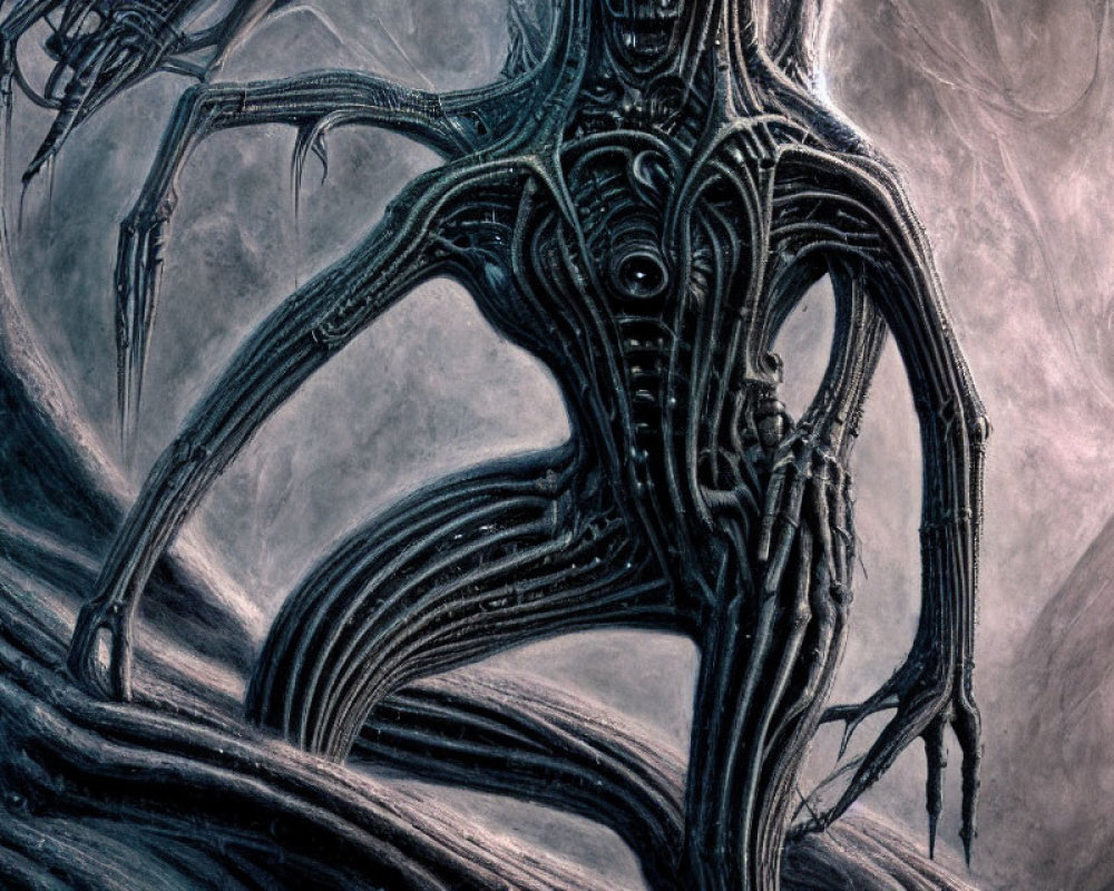 Elongated Limbs Biomechanical Creature in Sinewy Environment