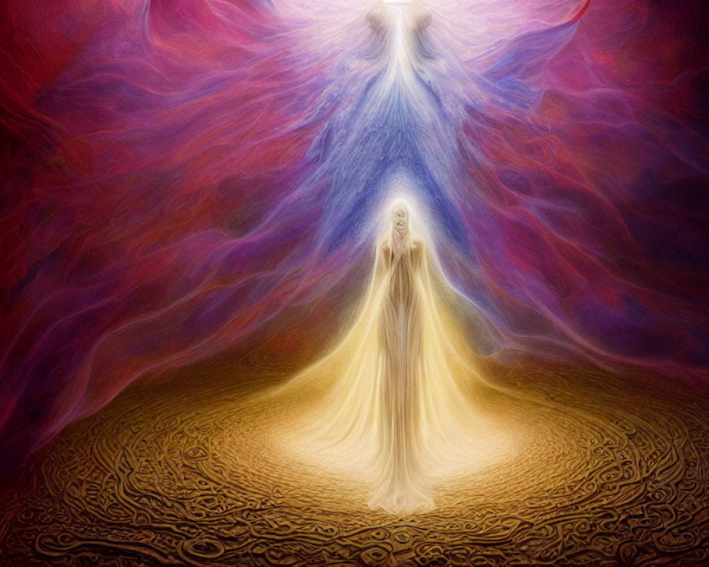 Celestial-themed digital art with golden figure and red/blue beings