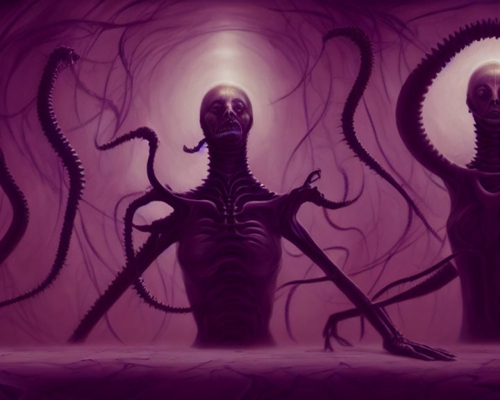 Eerie skeletal figures in purple tunnel with glowing orbs