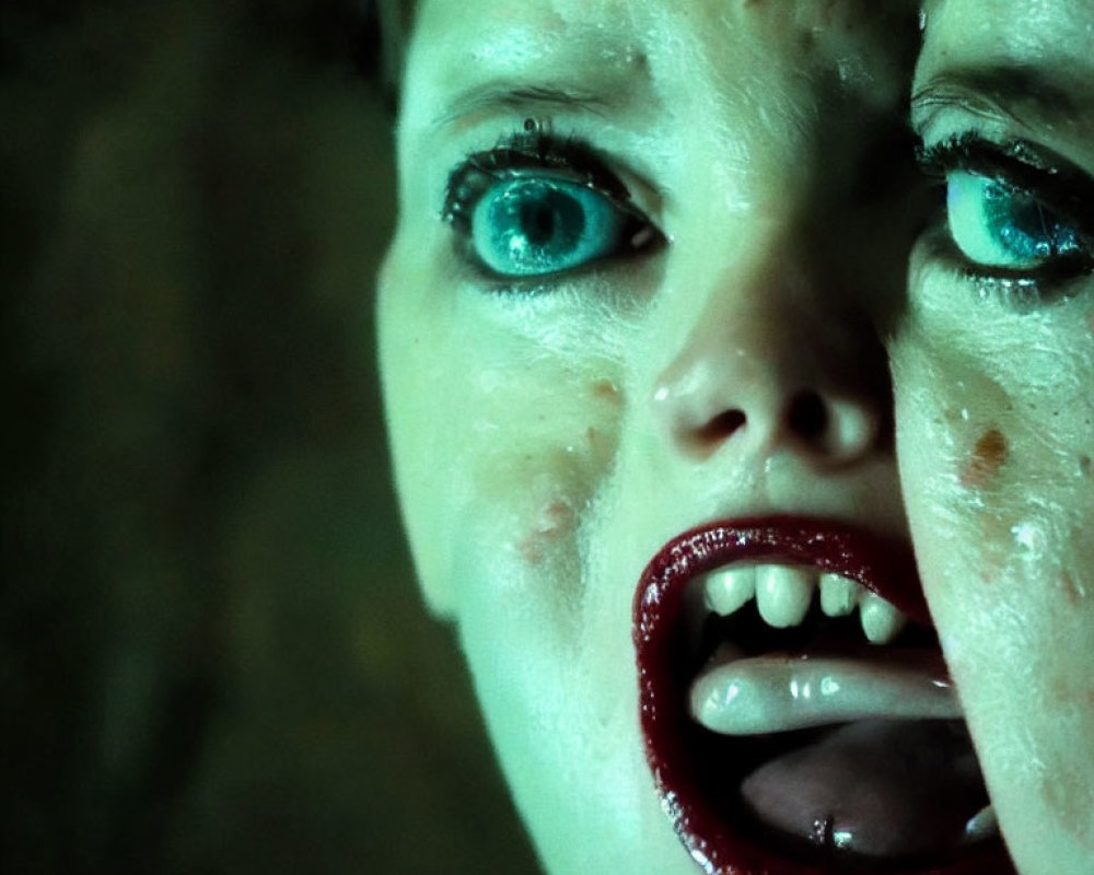 Close-up of person with open mouth, green eyes, blood splatter, conveying horror.