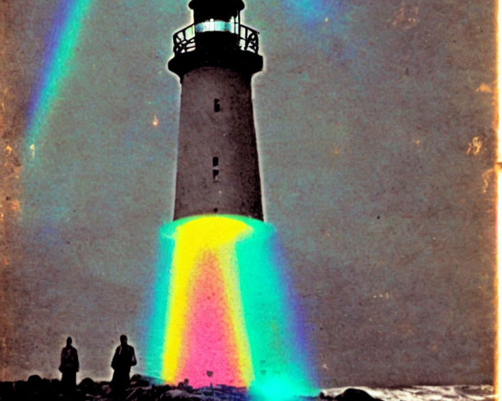 Vintage photo: Lighthouse with rainbow and people on rocky shore