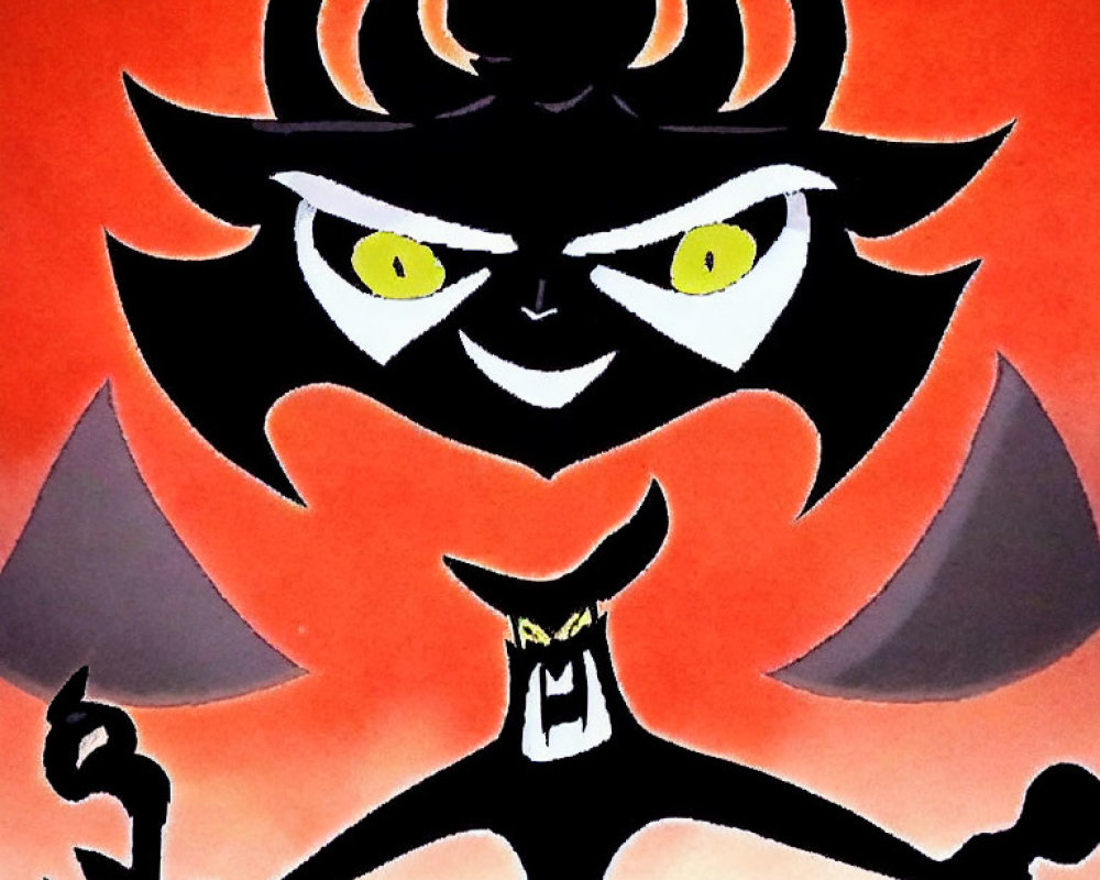 Stylized cartoon image of ominous character with yellow eyes and mischievous grin