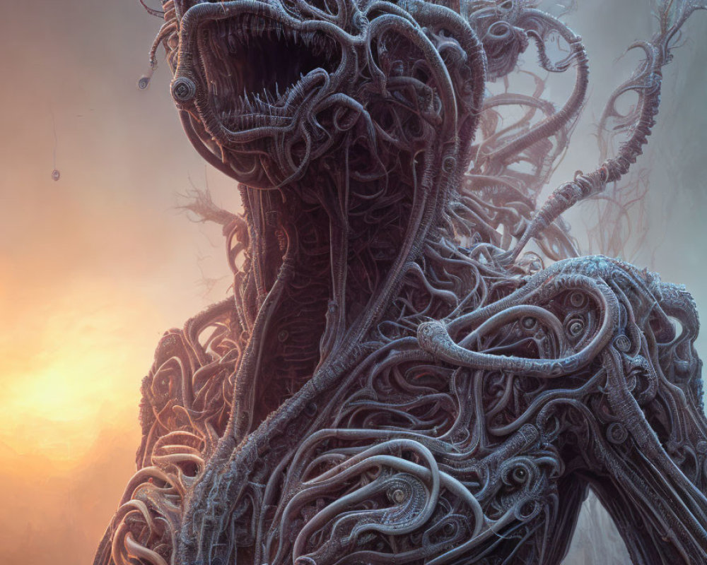 Alien creature digital artwork with tentacle-like structures on misty sunset backdrop