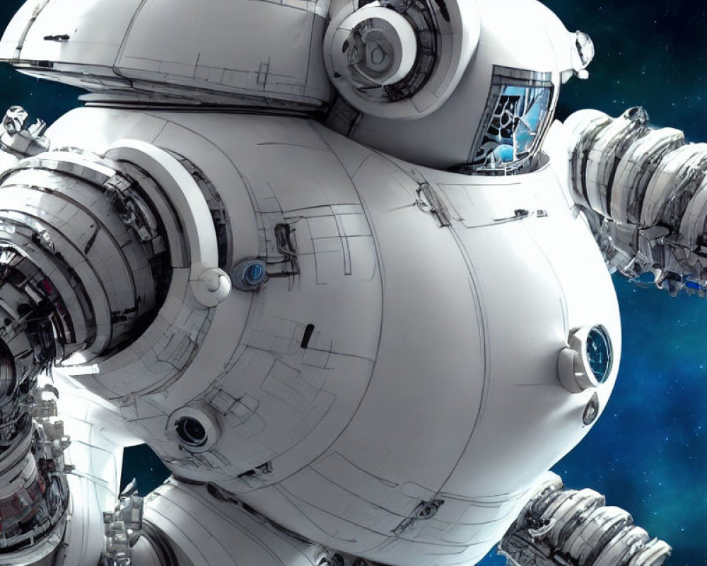 Detailed futuristic space station with mechanical arms and modules in starry setting