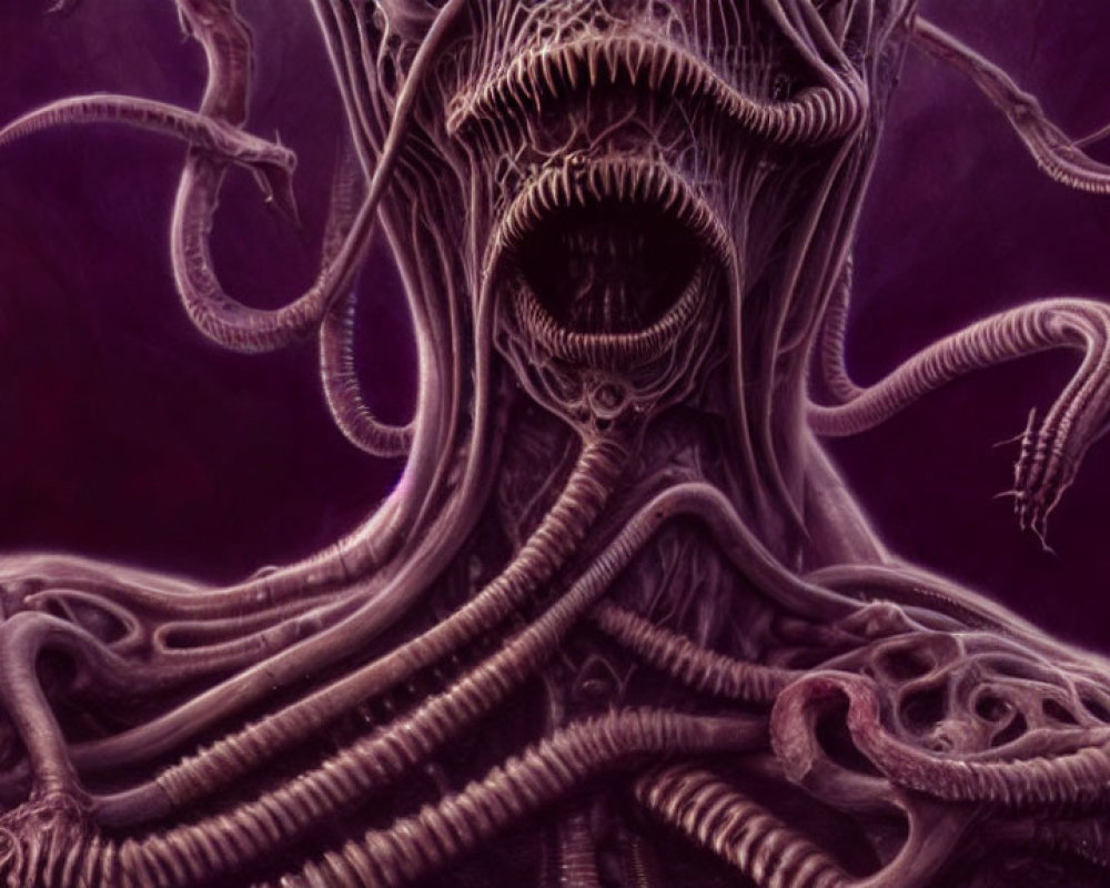 Surreal alien creature with tentacles on purple background