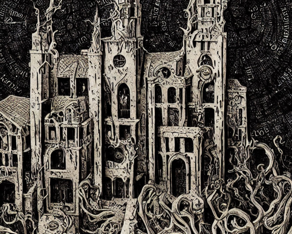 Detailed surreal gothic cityscape with tentacles in black and white