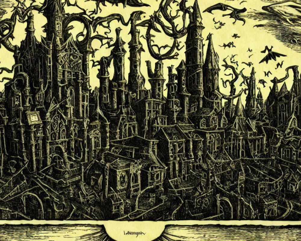 Detailed Gothic-style black and white cityscape illustration with spires and flying creatures.