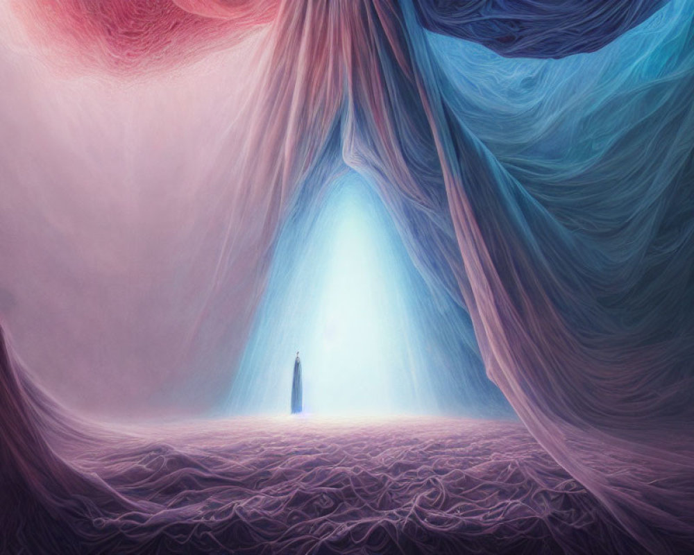 Colorful Figure at Mystical Cave Entrance with Bright Light