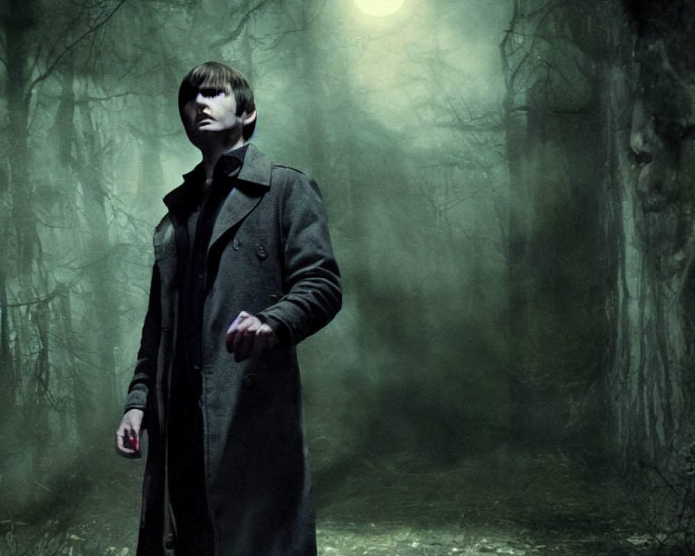 Person in dark coat in misty, eerie forest under dim glowing moon