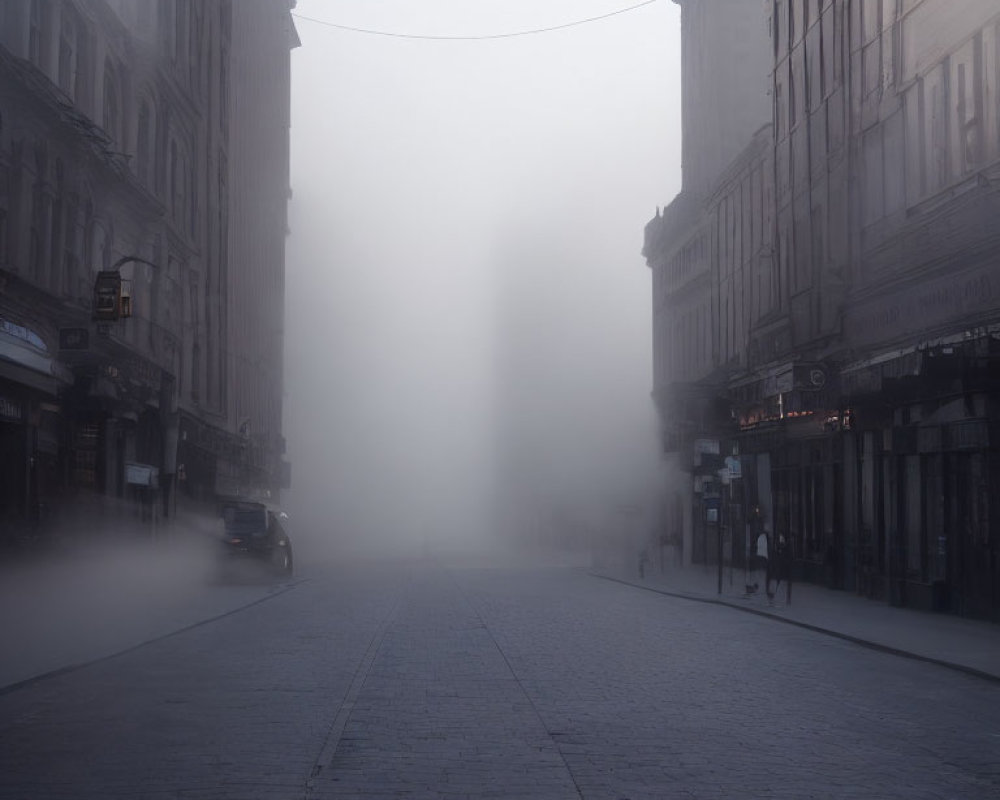 Foggy urban street scene with dimly lit buildings and lone car