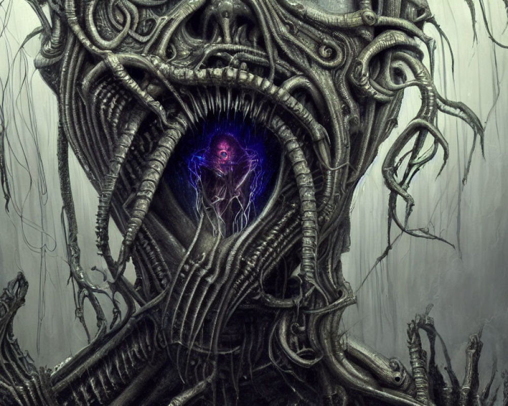 Surreal creature with tentacles and glowing orb with humanoid silhouette